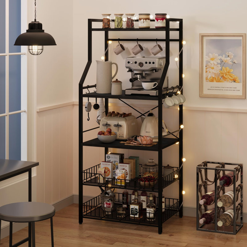 Kitchen Bakers Rack, Microwave Oven Stand with 2 Large Wire Basket, Industrial Coffee Bar Station, 5-Tier Kitchen Utility Storage Shelf with 8 Hooks for Spice, Pots Organizer