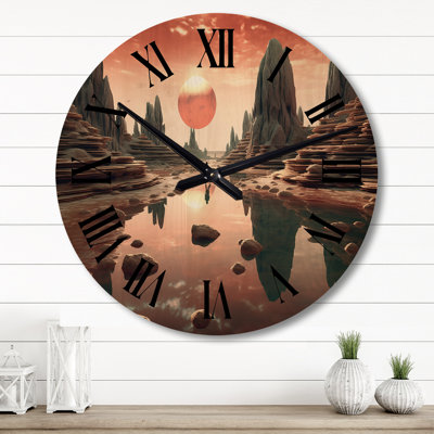Pink Moon Rising Futuristic Mountain Landscape - Abstract Landscape Oversized Wood Wall Clock