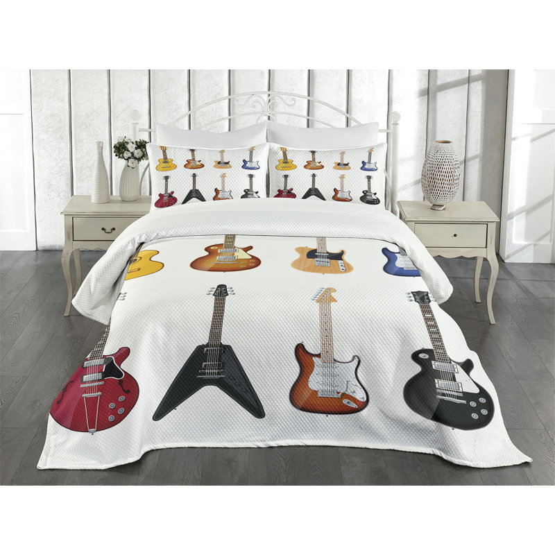 King Size White Quilted Bedspread Set with Guitar Print