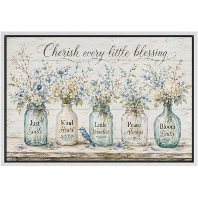 «Cherish Every Little Blessing Blue Floral Vase», images de salon, impression sur toile encadrée