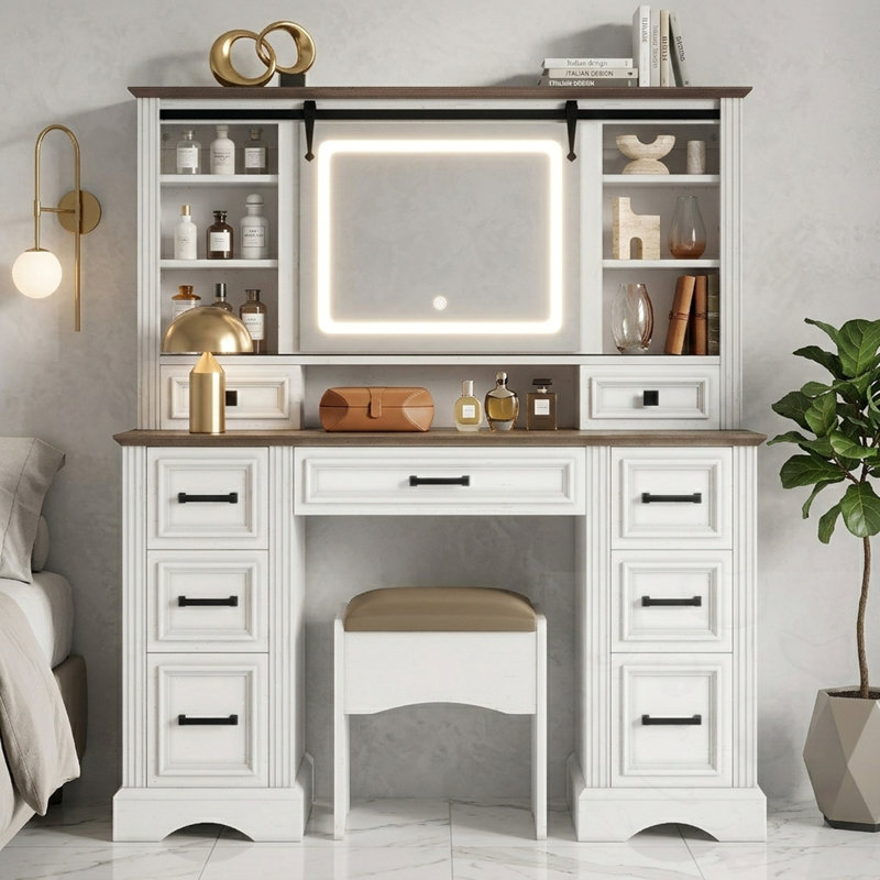 Ensemble de meuble-lavabo à miroir coulissant 9 tiroirs avec lumières DEL et tabouret de rangement