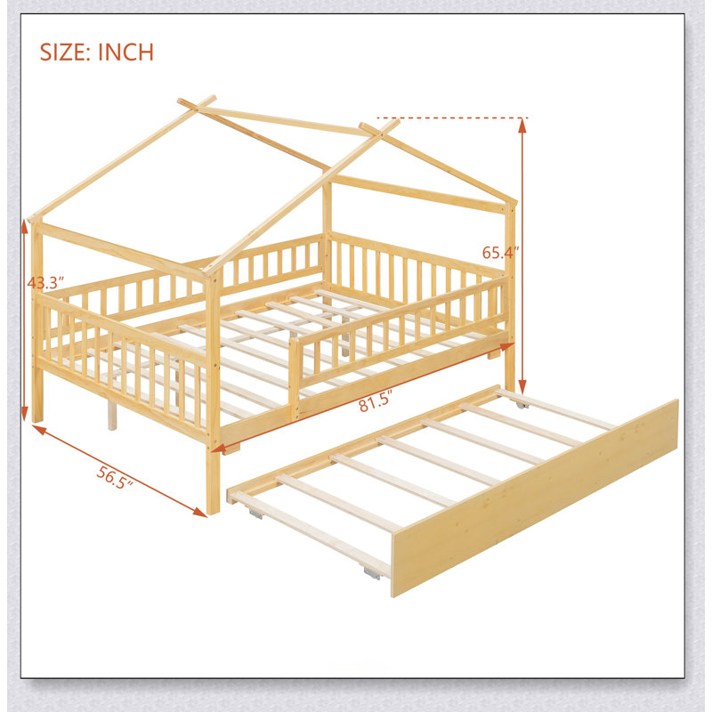 Wooden House Bed With Trundle, Natural