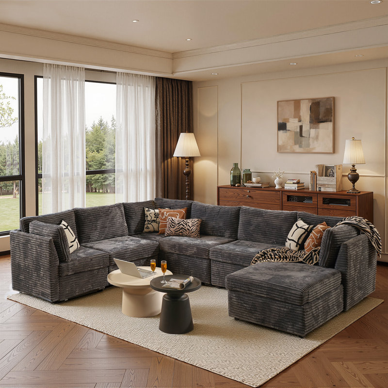 Nathasa 7-Piece Upholstered Corduroy Sectional, Gray Corduroy