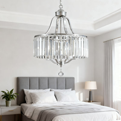 Modern 4-Light Crystal Chandelier With Brushed Nickel Finish, Adjustable Pendant Lighting For Dining Room, Kitchen Island, Living Room And Bedroom