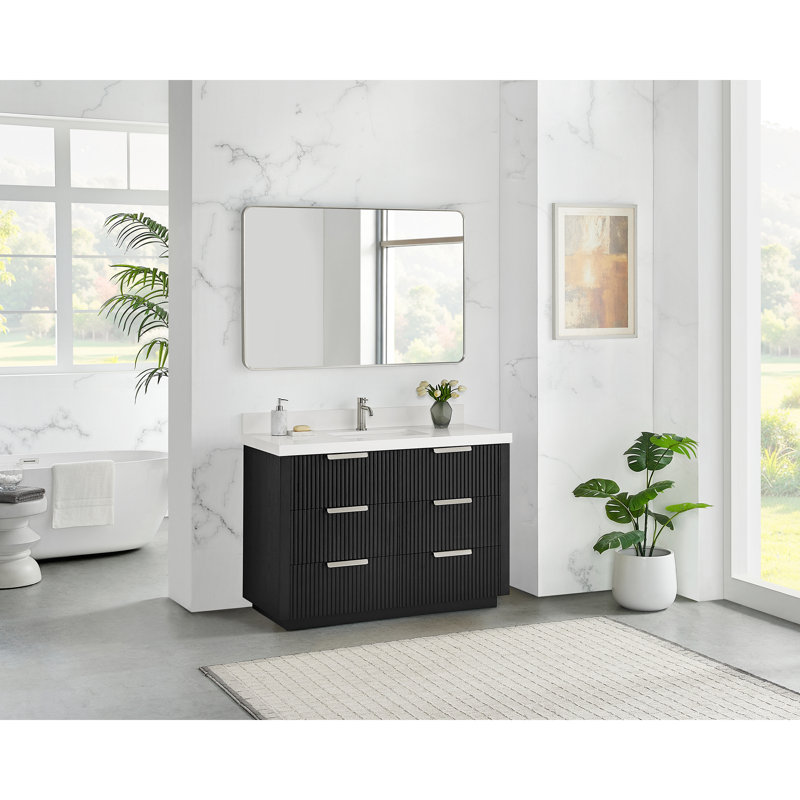 Meuble-lavabo simple autoportant 48 po Santarem en chêne noir vieilli avec plateau en pierre de quartz blanc, 48"