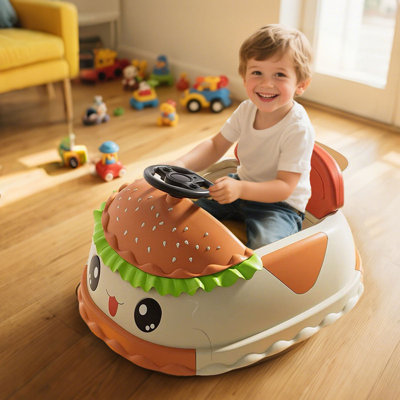 12V Kids Ride On Electric Bumper Car W/Parents Control,Cute&Realistic Hamburger Design,360 Degree Rotation,Storing Space,Bluetooth,Music,USB,Silent wh