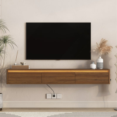 Meuble télé flottant, meuble télé mural avec lumières DEL et prise de courant, meuble télé ultrabrillant pour meuble télé de salon