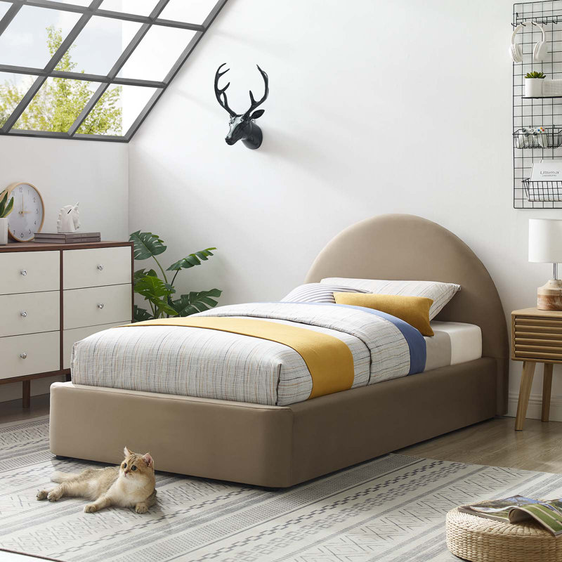 Resort Performance Velvet Arched Round Platform Bed, Taupe, Twin
