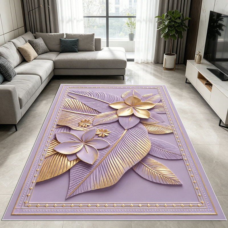 1PC 3D Embossed Lavender Gold Tropical Floral Leaf area rugs for Living Room, Soft, All seasons, Easy-maintain, Washable Indoor mat, Farmhouse suitable for for living room, bedroom, dining area...