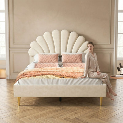 Single Bed Frame Kids Bed, Soft Velvet Upholstered Bed With Petal Shaped Adjustable Height Headboard, Platform Bed Frame With Slats, Easy Assembly, (140×200Cm)