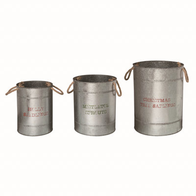  Metal 15.75 in. Gray Christmas Buckets with Rope Handles Set of 3