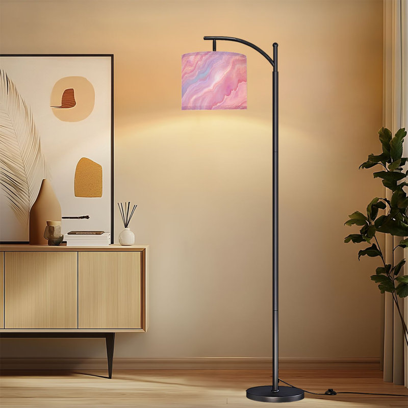 Lampe sur pied à arc avec abat-jour ajustable tourbillon de marbre rose doux art abstrait teintes pastel Lampe sur pied 3 températures de couleur à intensité variable avec interrupteur au pied pour la chambre à coucher
