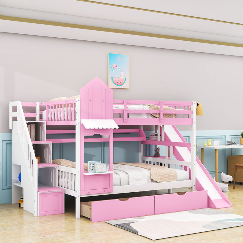 Hannu 2 Drawers Bunk Bed with Storage Stairs, Slide and Bookcase, Full over Full, Pink