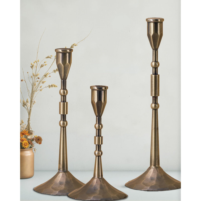 Vintage Taper Candle Holders, Set Of 3 For Table Centerpiece And Farmhouse Decor, Brown