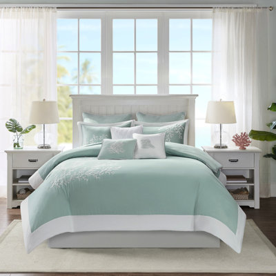 Housse de couette pour lit double / grand lit - 100% coton avec broderie corail enchanteur et bordure attrayante