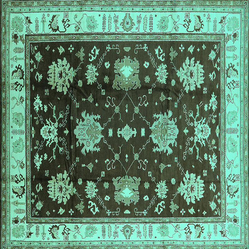 Tapis oriental en laine / polyester tissé à la machine en turquoise / noir, Carré 5 pi