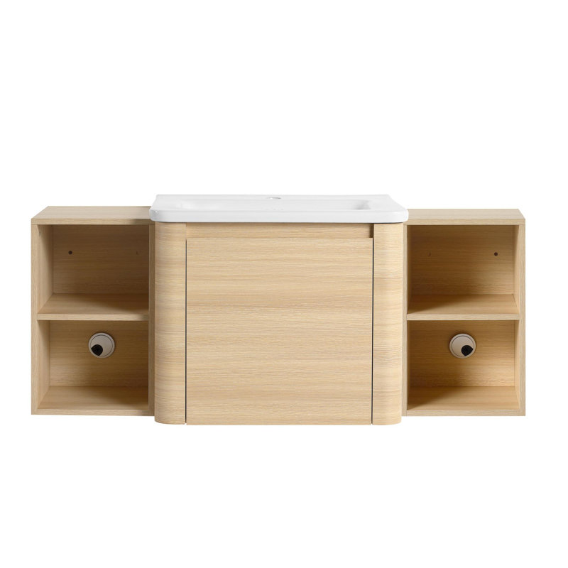 Meuble-lavabo mural avec lavabo en céramique blanche et deux tablettes de rangement, 47"'