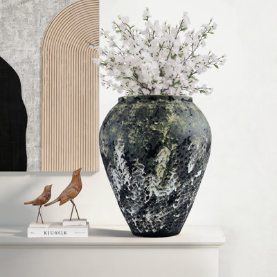 Vase en céramique vert olive à feu vif, vase à urne effilé vert foncé réactif, vase vieilli fabriqué à la main pour la décoration de la table et du sol dans le salon et la salle à manger