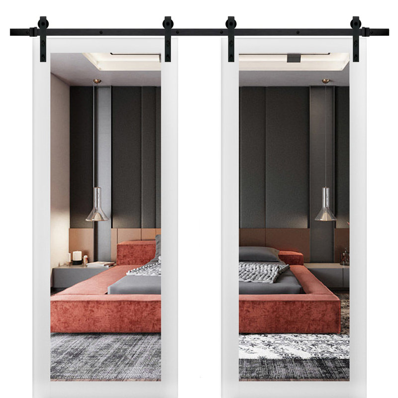 Portes de grange intérieures en verre avec miroir Lucia, 60 po x 96 po, Noir
