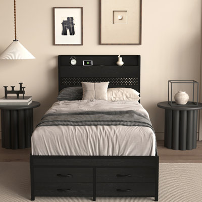 Twin Size Metal Bed Frame with Headboard & Storage Drawers, Black Platform Bed for Kids Teens Adults, No Box Spring Needed