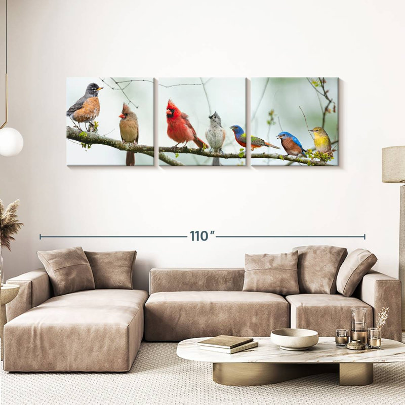 Rassemblement d'oiseaux sur toile, ensemble de 3 pièces, H 30 po x l 92 po x P 1,25 po