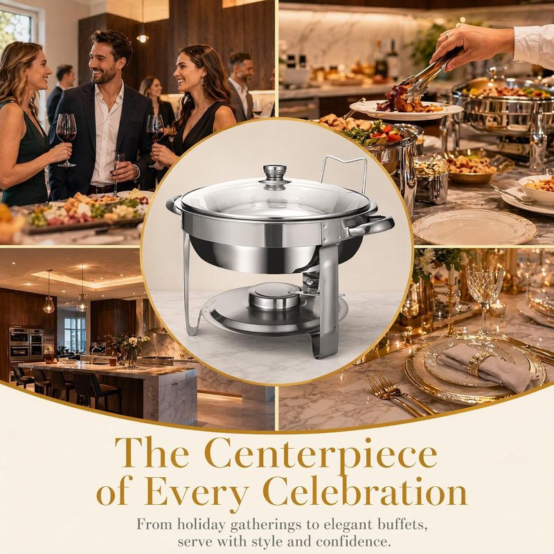 Round Chafing Dish Buffet Set 5QT, Stainless Steel Food Warmer with Lid