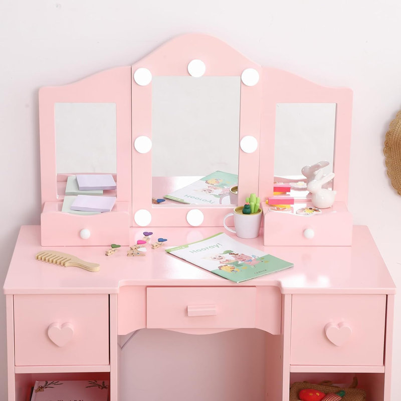 Ensemble de coiffeuse pour enfants avec miroir à trois volets et table de maquillage en bois 2 en 1 Princess, Rose