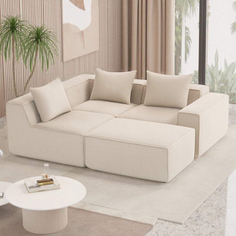Canapé modulaire en L avec repose-pieds Corduroy, Velours côtelé beige