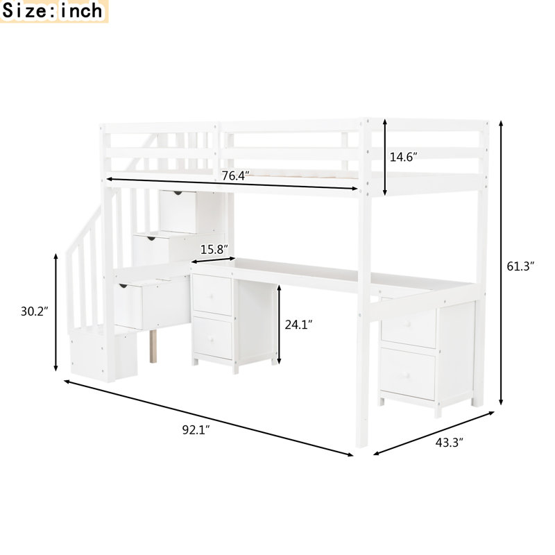 Lit mezzanine simple en blanc avec bureau et tiroirs doubles - Bois de pin pour une chambre à coucher captivante