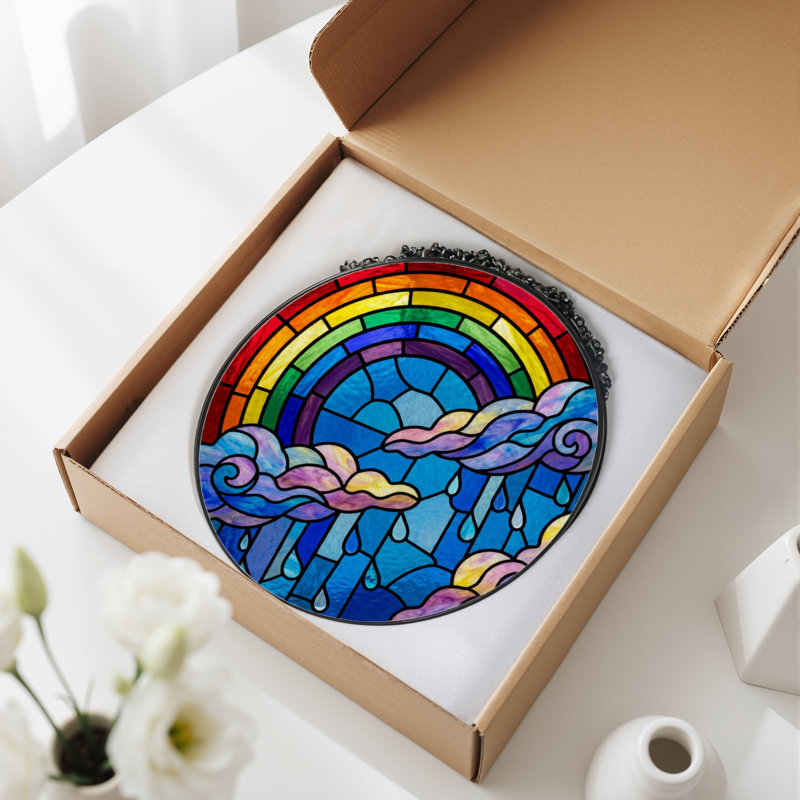 7.8"H Rainbow Clouds Stained Glass Window Panel, 7.8" H x 7.8" W
