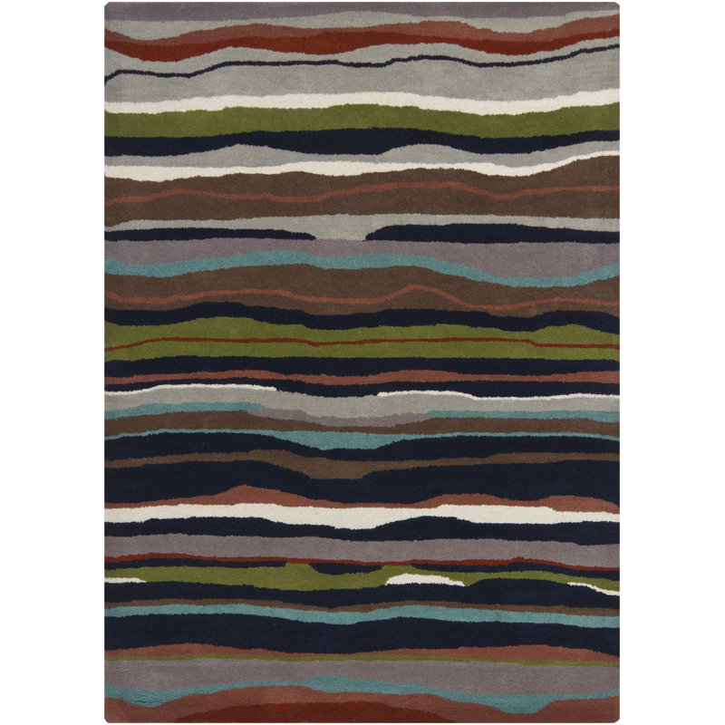 Tapis rayé en laine touffeté à la main vert / brun, 7 pi x 10 po