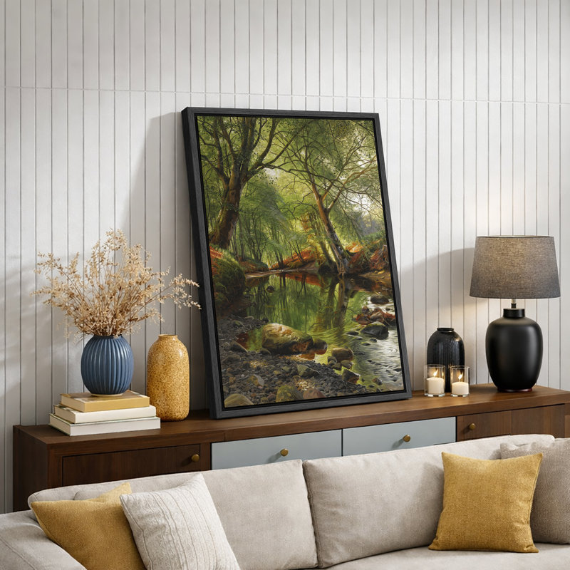 Emerald Woodland Stream avec roches, H 36 po x l 24 po x P 1,5 po, Cadre flottant noir