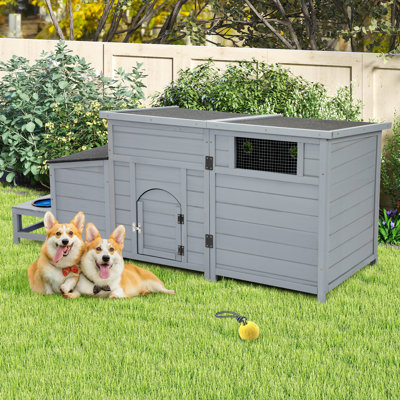 Grand ensemble de niche pour chien en bois 58,9 po 2-en-1 avec porte, cage pour chien imperméable avec bols à nourriture, boîte de rangement, évents, toit ouvrable, gris