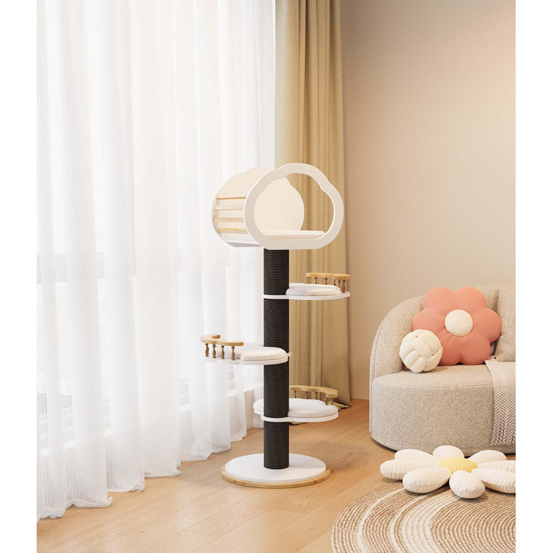 Mewzoom 54" Tall Modern Natural Solid Wooden Cat Tree Tower Scratching Posts for Large Cats, Black