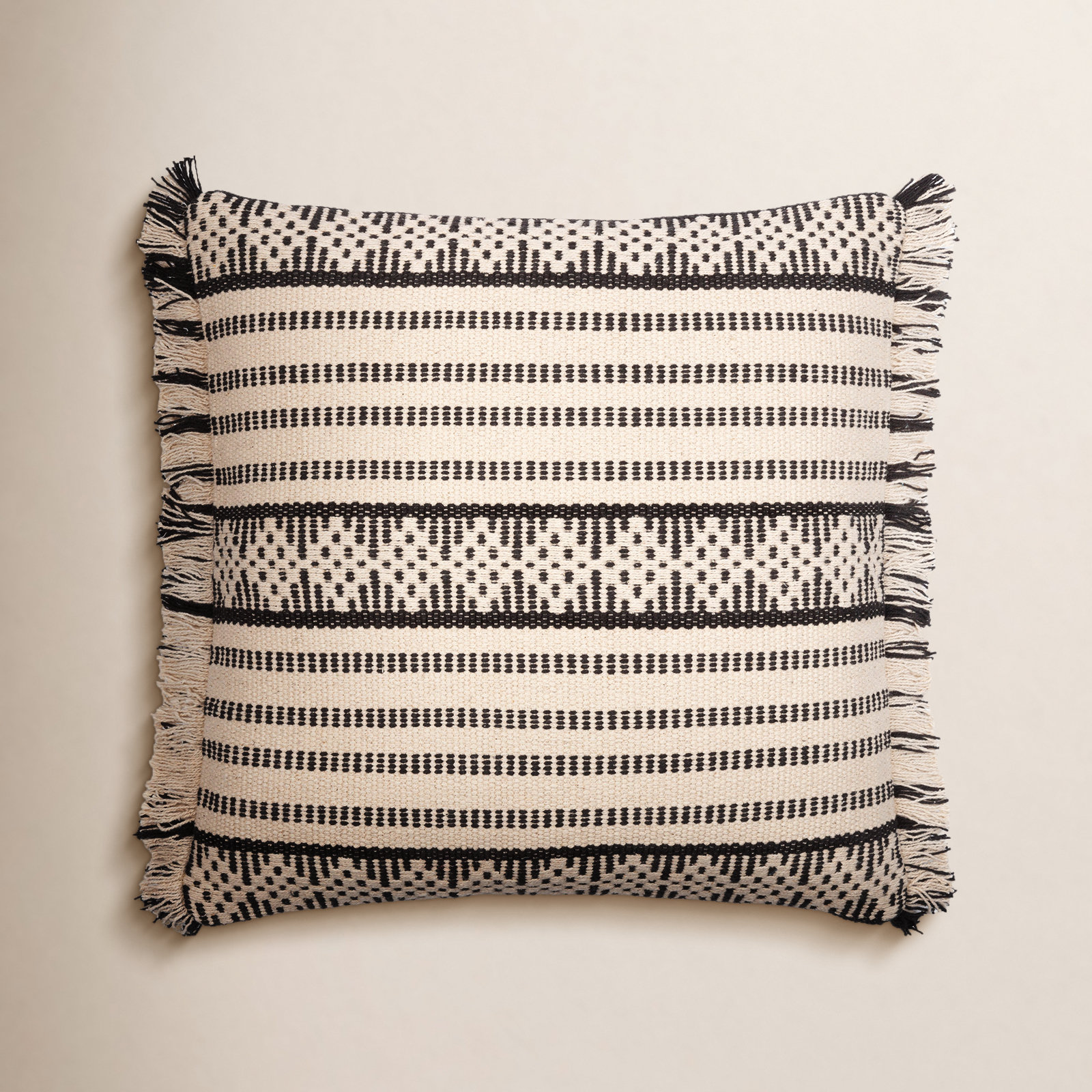 Joren Fringed Cotton Lumbar Throw Pillow, 16" x 24", Polyester
