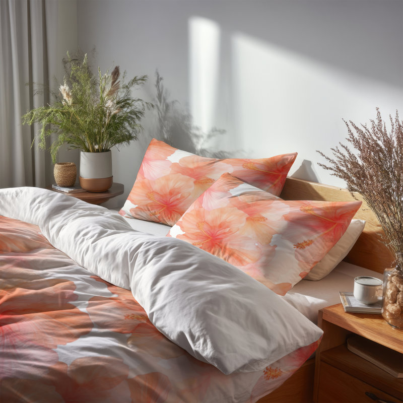 Coastal Bedding Set Of 3 - Floral Hibiscus Glow Duvet Cover Set, King Duvet Cover + 2 King Shams