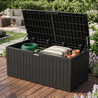 Boîte de rangement en résine 220 gallons, boîte de rangement extérieure verrouillable et imperméable pour patio, piscine, outils de jardin, noir