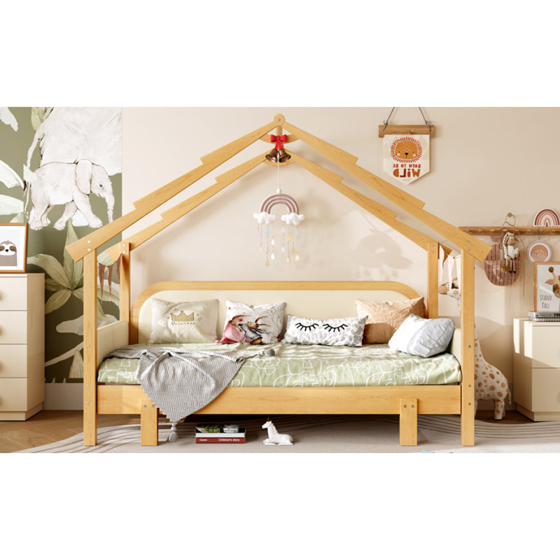 Lit simple en bois dans une cabane dans un arbre avec rails à coussin souple, pour enfants, adolescents, filles, garçons, blanc