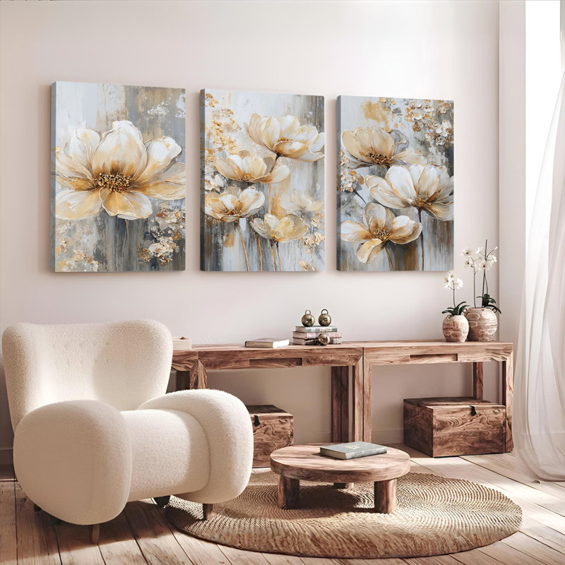 Tableau abstrait floral sur toile tendue (ensemble de 3), H 24 po x l 48 po