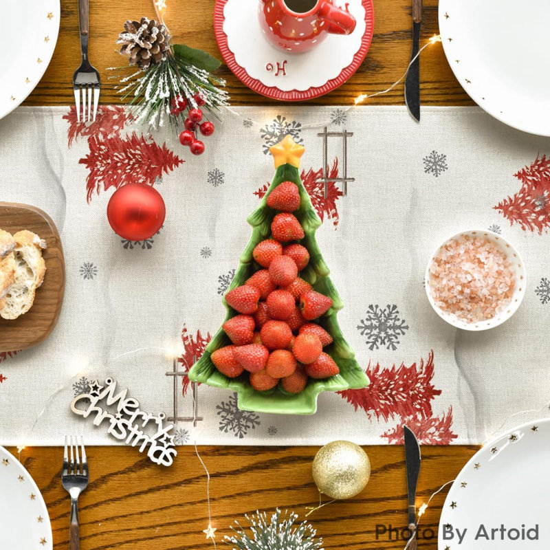 Xmas Trees Let It Snow Blue Snowman Christmas Table Runner, Seasonal Winter Holiday Kitchen Dining Table Decoration For Home Party Decor