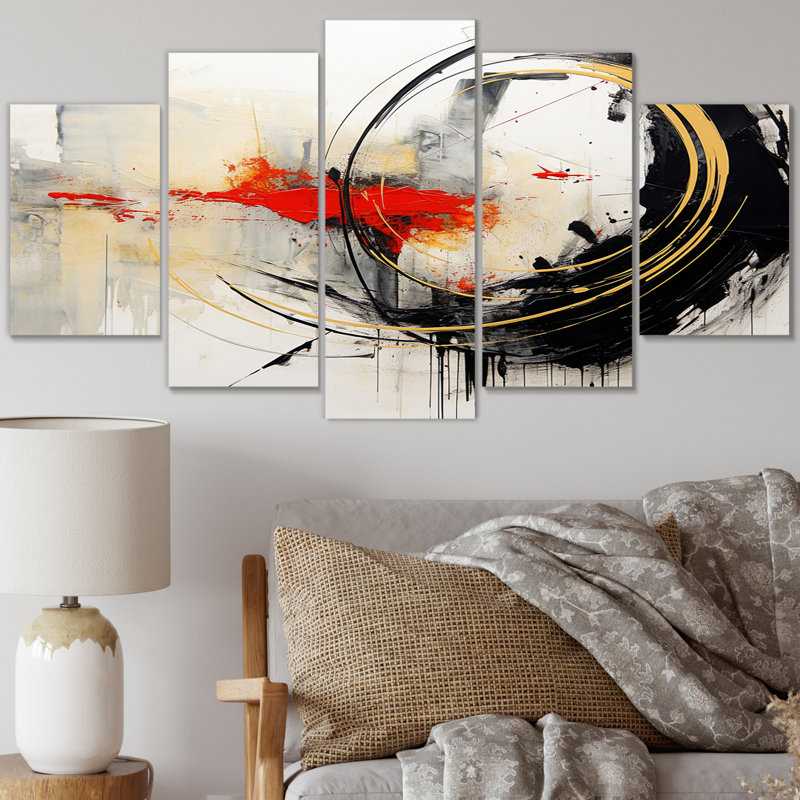 «Midnight Passion Abstract Wave Scarlet & Gold III», reproduction sur toile abstraite - 5 panneaux