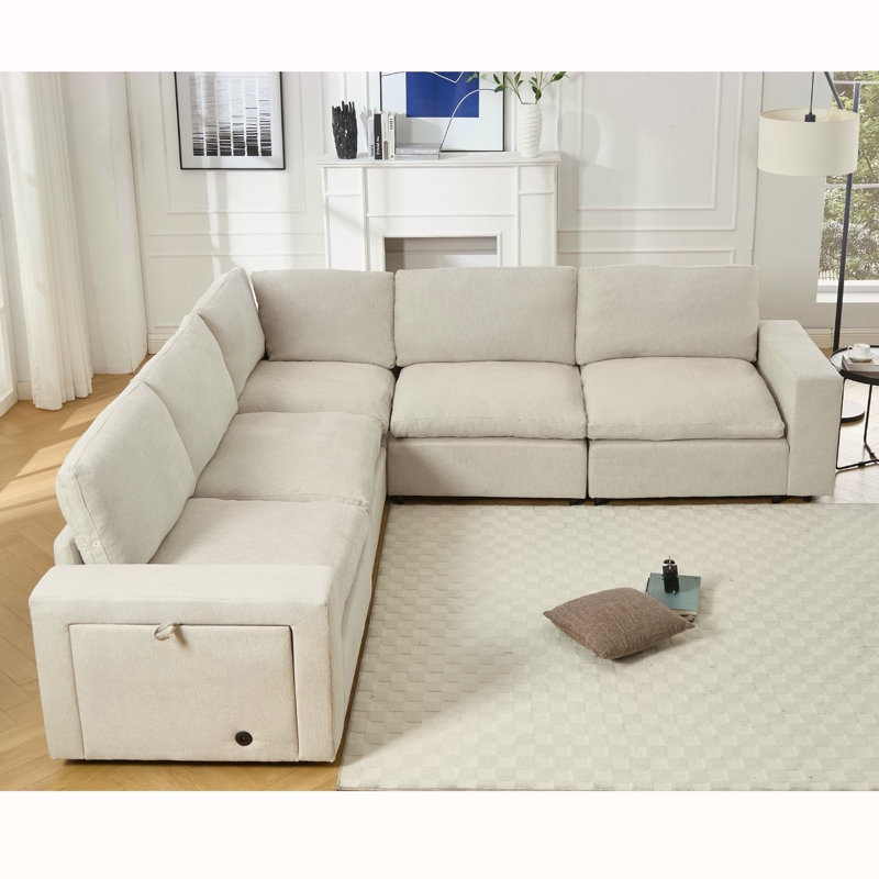 Canapé modulaire modulaire avec chargement sans fil, porte-gobelets et rangement de livres pour le salon, canapé en L à 5 places, tissu en lin doux, beige