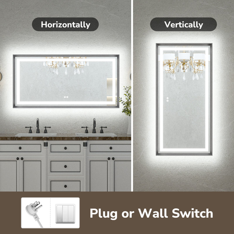Dineen Front and Backlit LED Tempered Glass Vanity Mirror, 48" x 32", Dark Gray