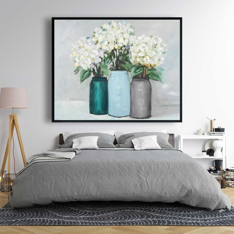 Fleurs d'hortensias dans des vases bleus - Décoration sur toile encadrée