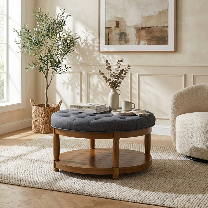 Large Round Upholstered Tufted Ottoman Coffee Table with Solid Wood Shelf and Footrest Functionality