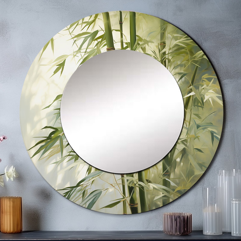 Bamboo Romantic Impression II - grand miroir en bambou, miroir mural décoratif rond traditionnel, impression d'art en métal