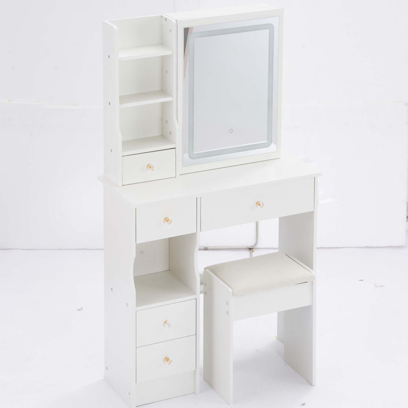 29.2" Small Size Drawer Desktop Vanity Table   Cushioned Stool, 2 AC 2 USB Power Station, Hair Dryer Bracket, Extra Large Touch Control Sliding LED Mirror, 3-Color Switching