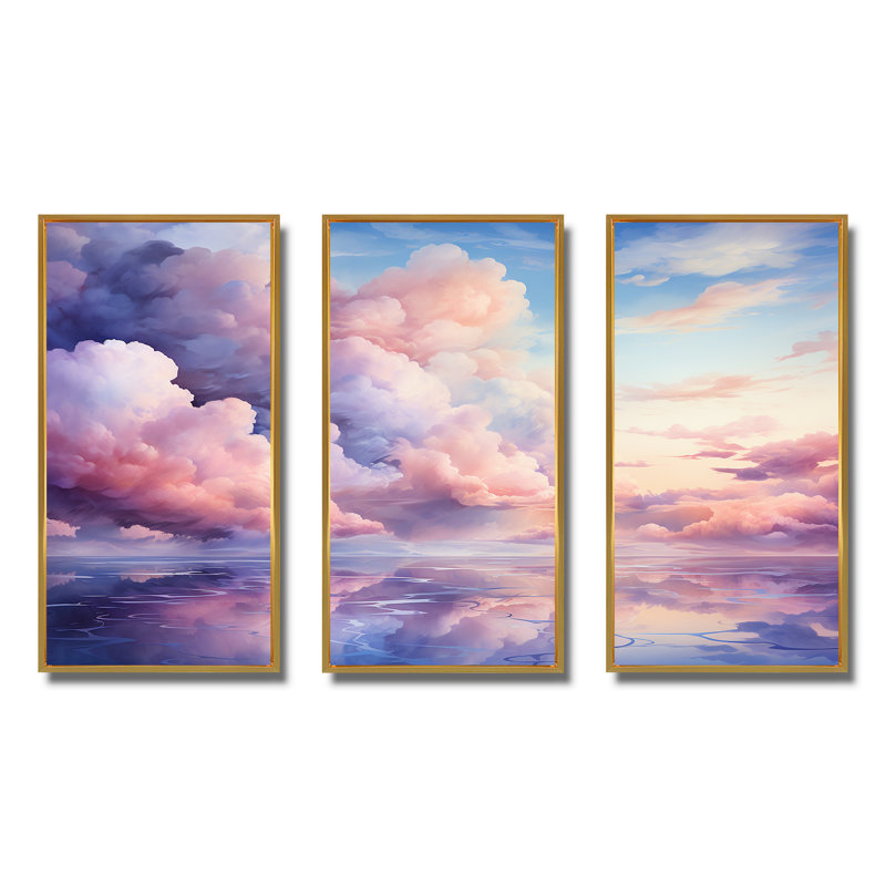 Mauve et rose couleur pastel - art mural ciel, H 28 po x l 36 po x P 1 po, Cadre flottant doré