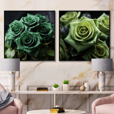 «Realistic Green Roses Bloom», ensemble de 2 collages floraux carrés