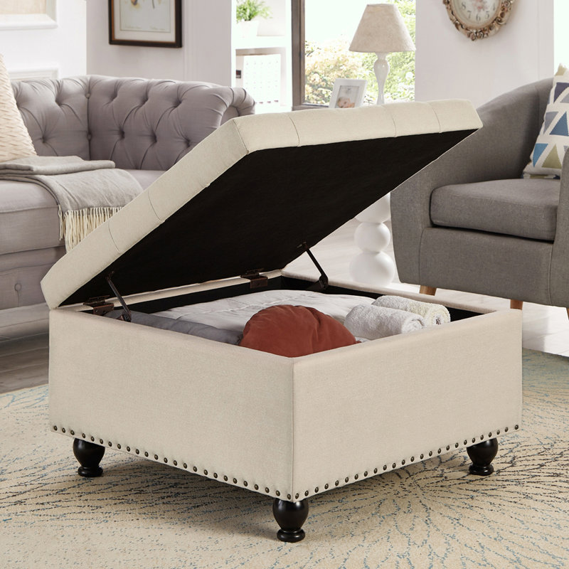 Grand banc repose-pieds carré avec rangement, Beige